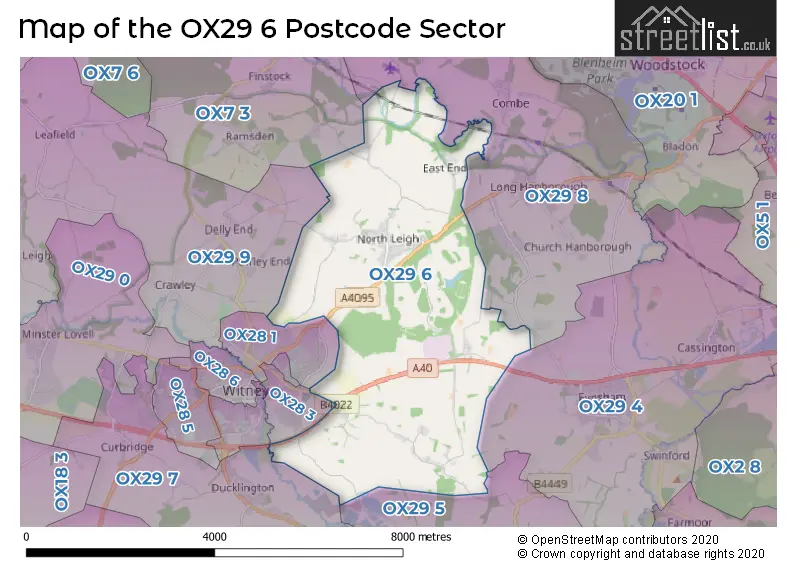 Map of the OX29 6 and surrounding postcode sector