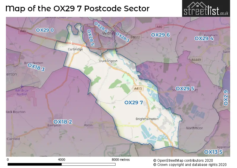 Map of the OX29 7 and surrounding postcode sector