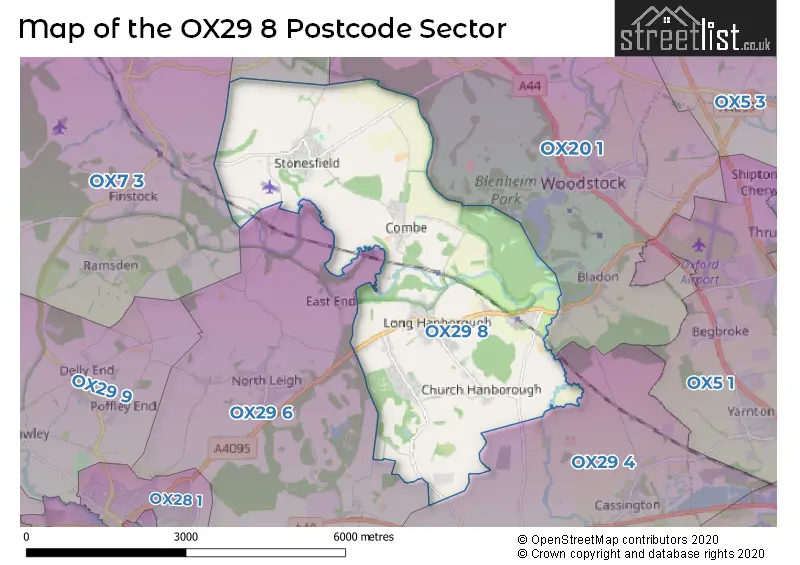Map of the OX29 8 and surrounding postcode sector