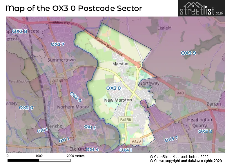 Map of the OX3 0 and surrounding postcode sector