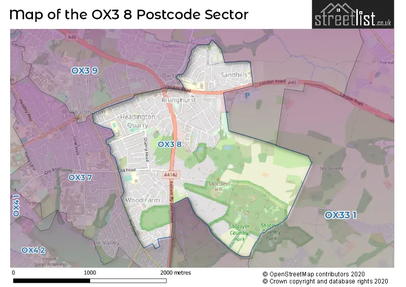 Map of the OX3 8 and surrounding postcode sector