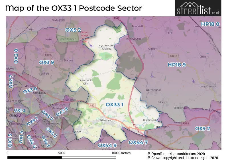 Map of the OX33 1 and surrounding postcode sector