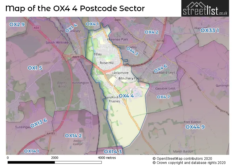 Map of the OX4 4 and surrounding postcode sector