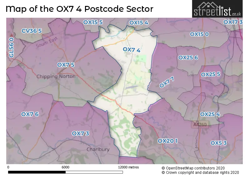 Map of the OX7 4 and surrounding postcode sector