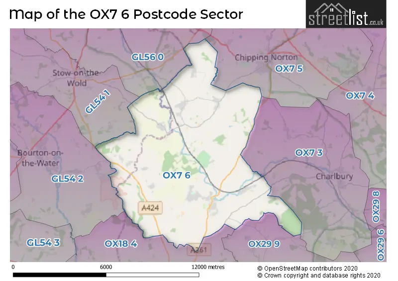 Map of the OX7 6 and surrounding postcode sector