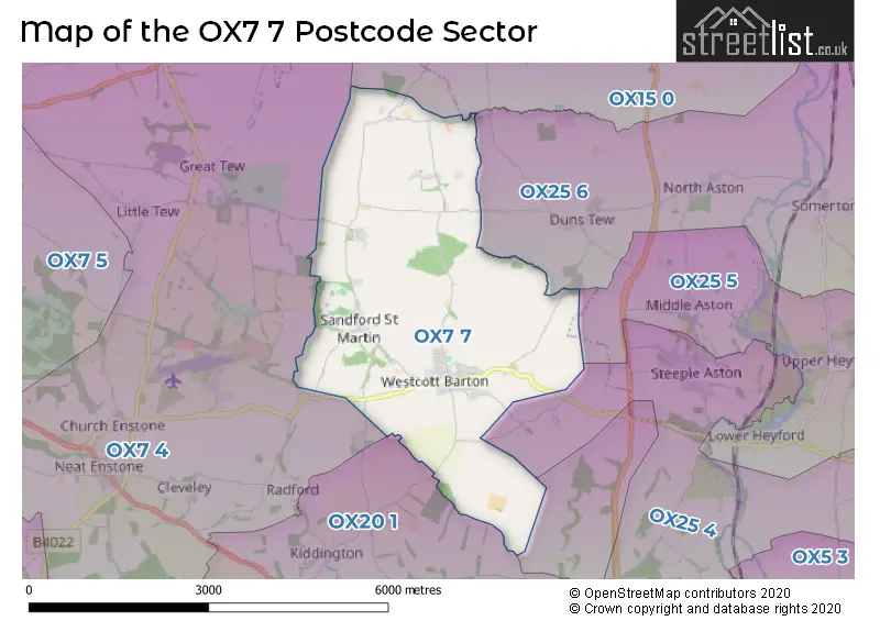 Map of the OX7 7 and surrounding postcode sector