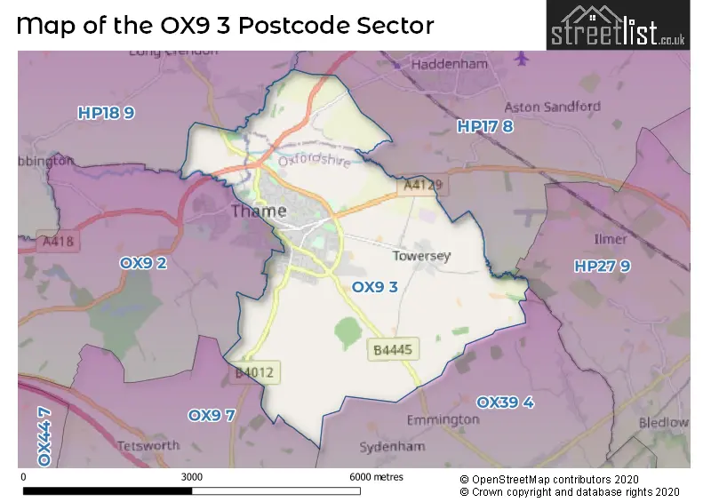 Map of the OX9 3 and surrounding postcode sector