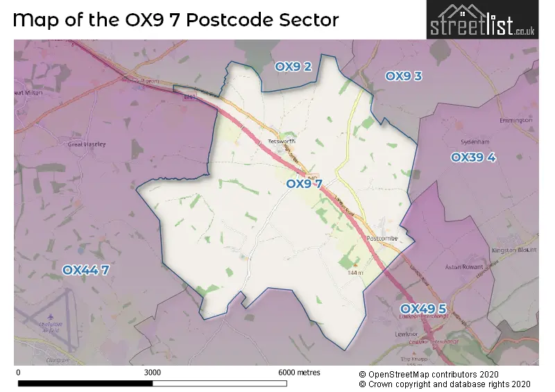 Map of the OX9 7 and surrounding postcode sector