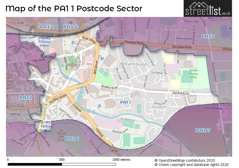 Map of the PA1 1 and surrounding postcode sector