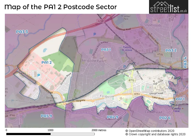 Map of the PA1 2 and surrounding postcode sector