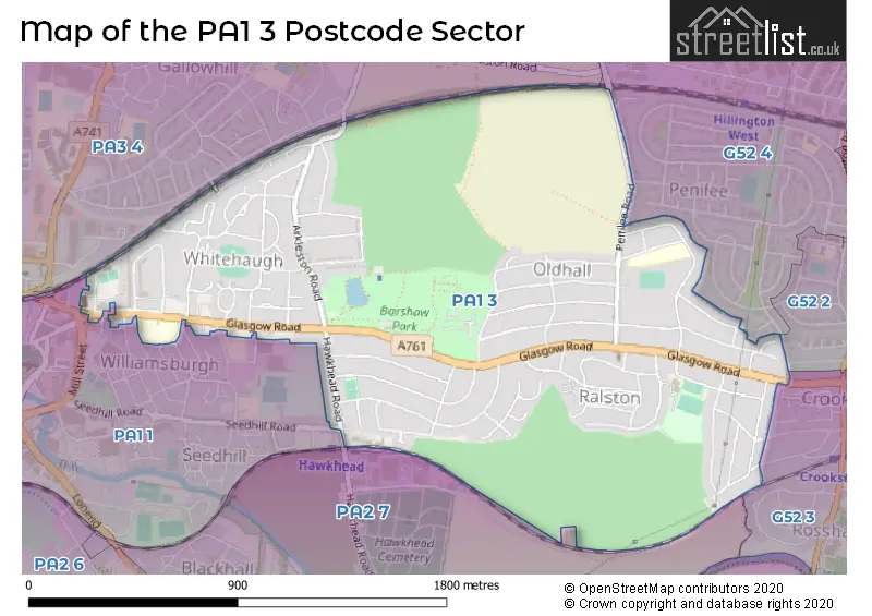 Map of the PA1 3 and surrounding postcode sector