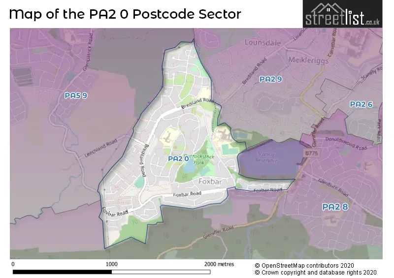 Map of the PA2 0 and surrounding postcode sector