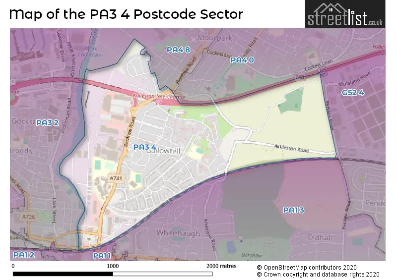 Map of the PA3 4 and surrounding postcode sector