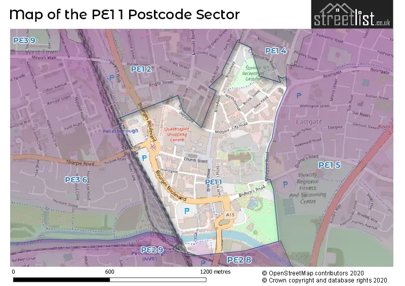 Map of the PE1 1 and surrounding postcode sector