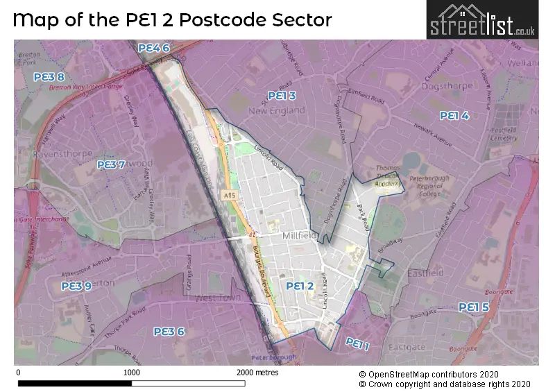 Map of the PE1 2 and surrounding postcode sector
