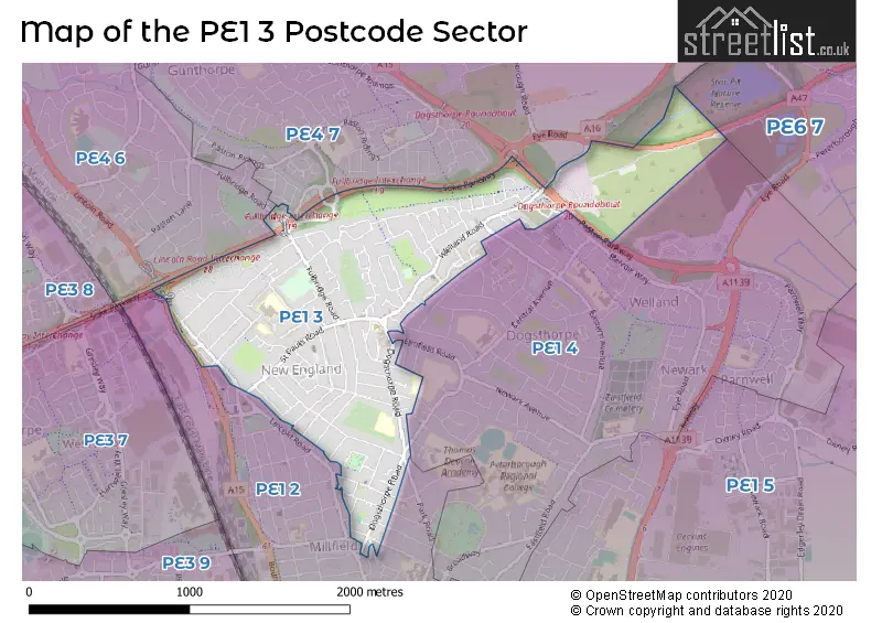 Map of the PE1 3 and surrounding postcode sector