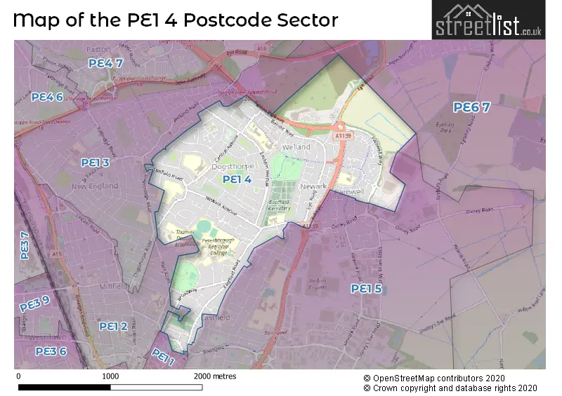 Map of the PE1 4 and surrounding postcode sector