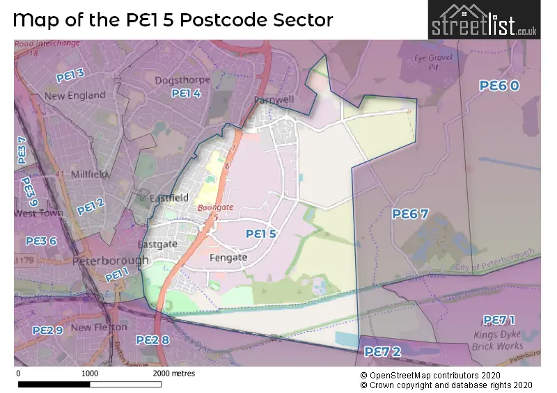 Map of the PE1 5 and surrounding postcode sector