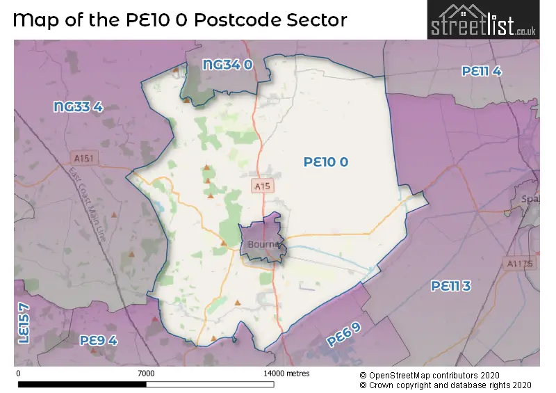 Map of the PE10 0 and surrounding postcode sector