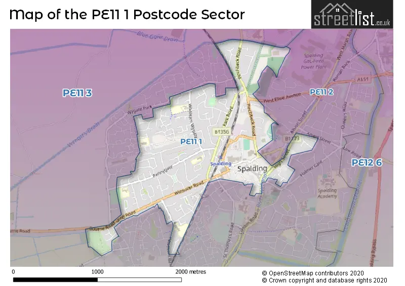 Map of the PE11 1 and surrounding postcode sector