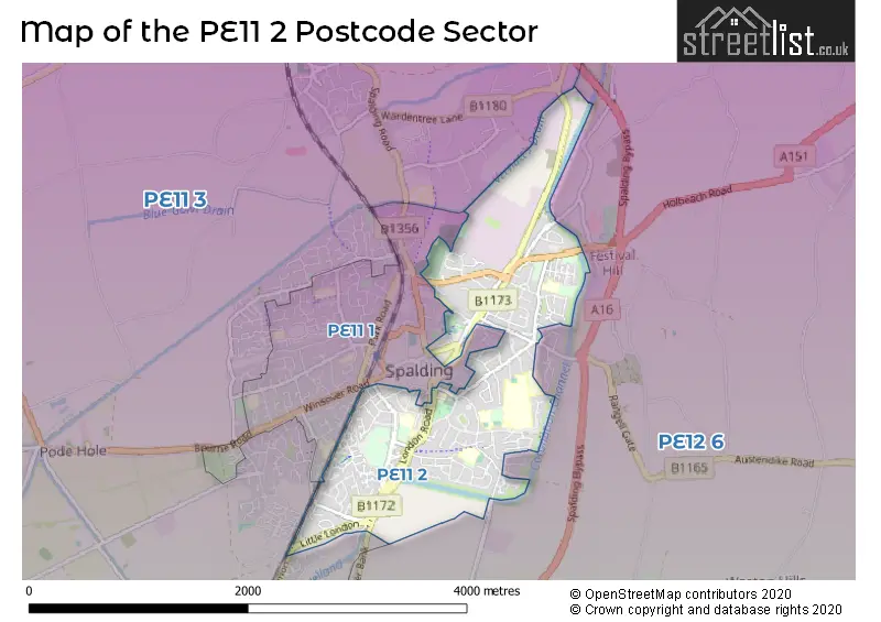 Map of the PE11 2 and surrounding postcode sector