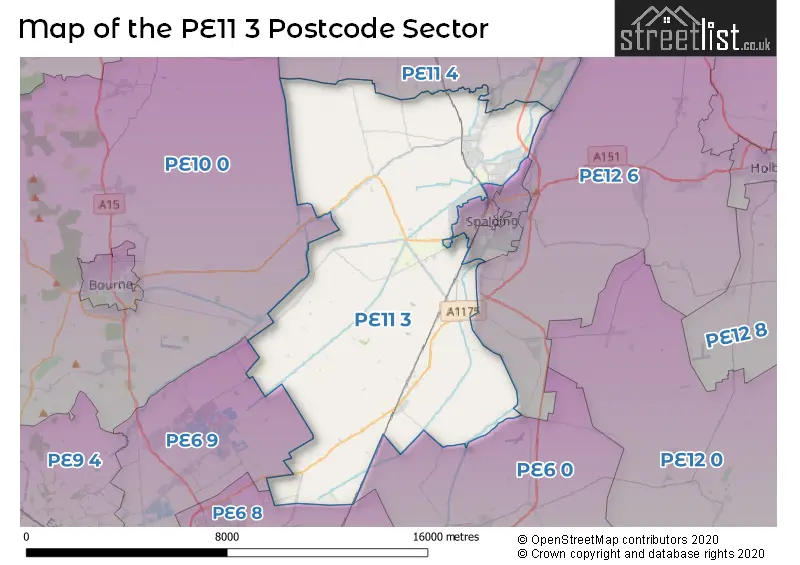 Map of the PE11 3 and surrounding postcode sector
