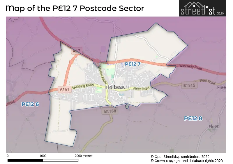 Map of the PE12 7 and surrounding postcode sector
