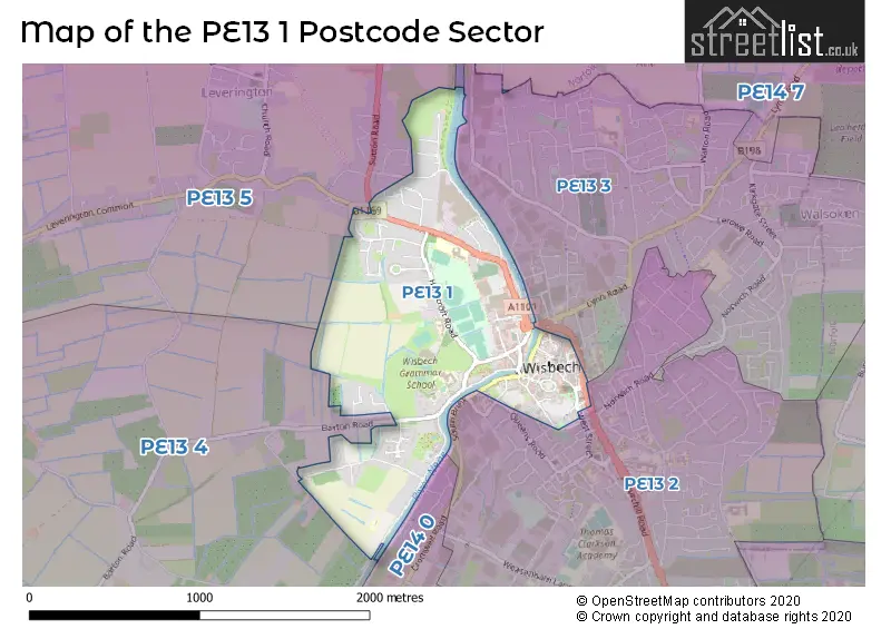 Map of the PE13 1 and surrounding postcode sector