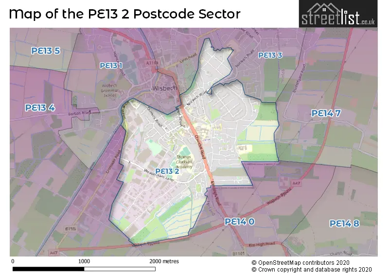 Map of the PE13 2 and surrounding postcode sector