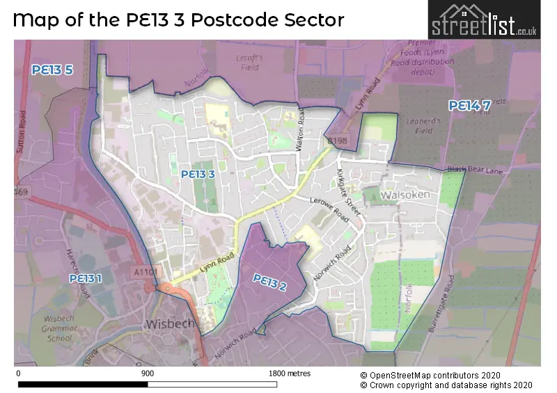 Map of the PE13 3 and surrounding postcode sector