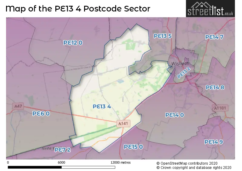 Map of the PE13 4 and surrounding postcode sector