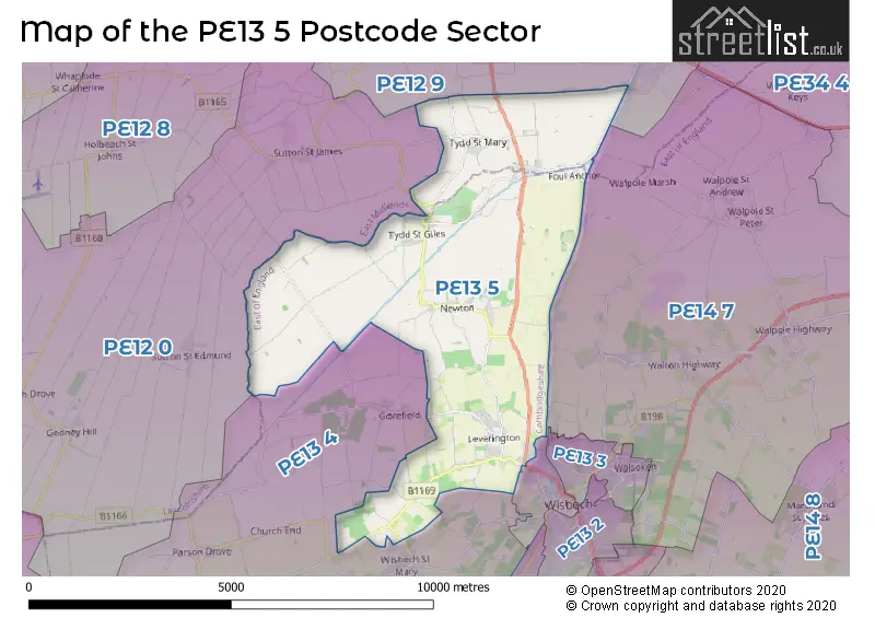 Map of the PE13 5 and surrounding postcode sector