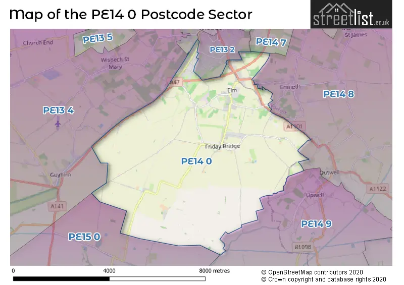 Map of the PE14 0 and surrounding postcode sector