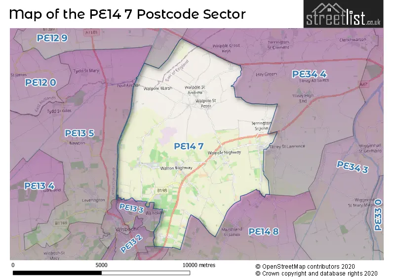 Map of the PE14 7 and surrounding postcode sector