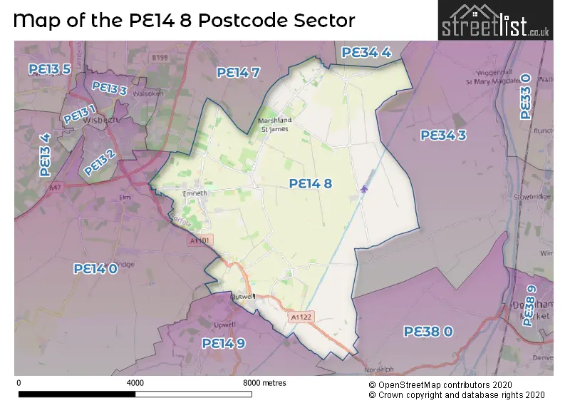 Map of the PE14 8 and surrounding postcode sector