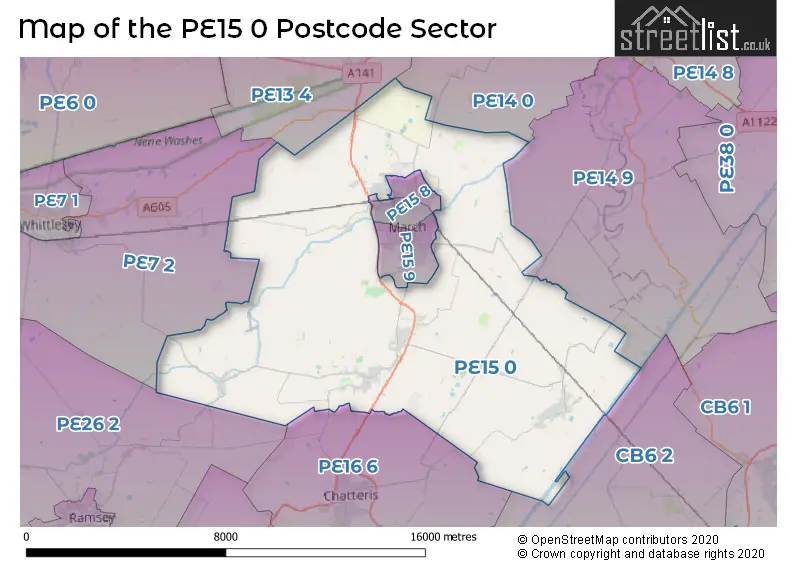 Map of the PE15 0 and surrounding postcode sector