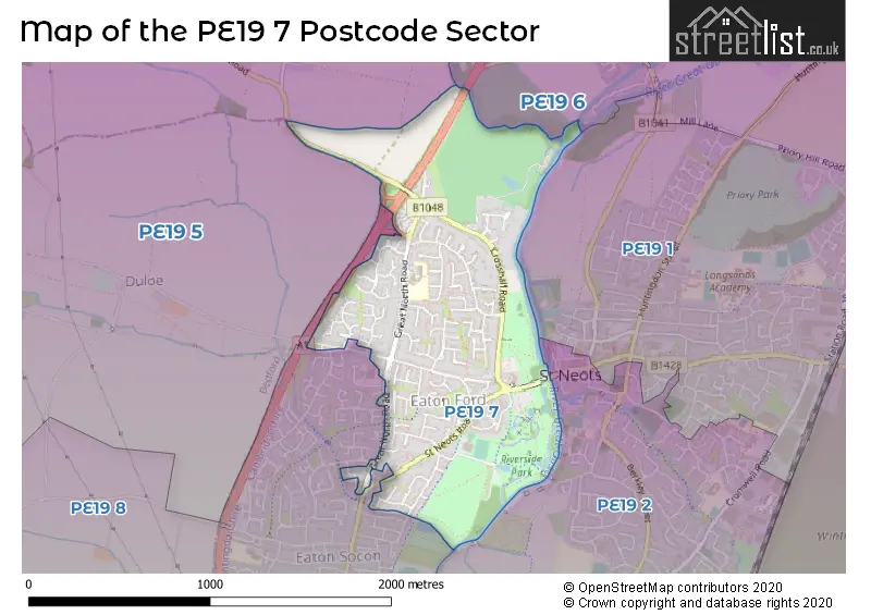 Map of the PE19 7 and surrounding postcode sector