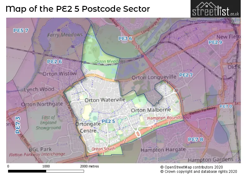 Map of the PE2 5 and surrounding postcode sector