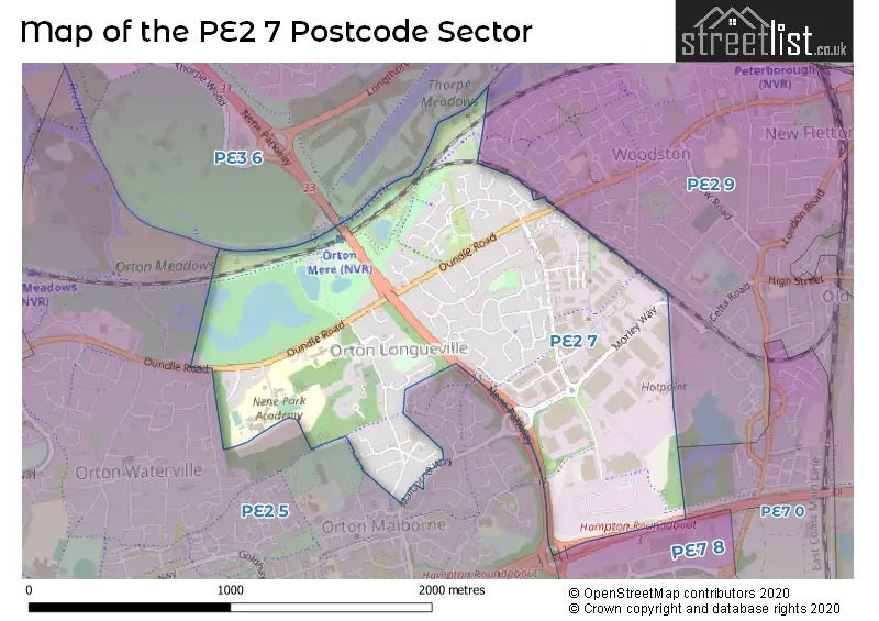 Map of the PE2 7 and surrounding postcode sector