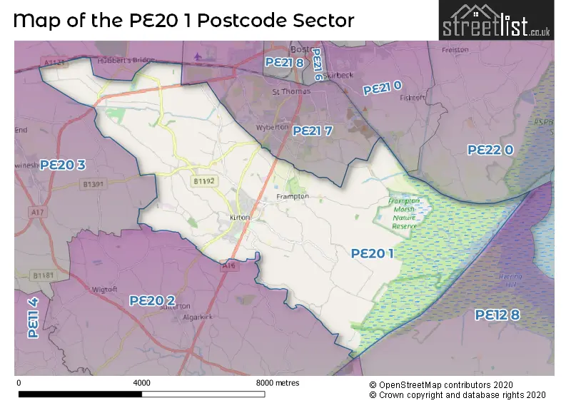Map of the PE20 1 and surrounding postcode sector