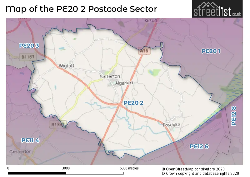 Map of the PE20 2 and surrounding postcode sector