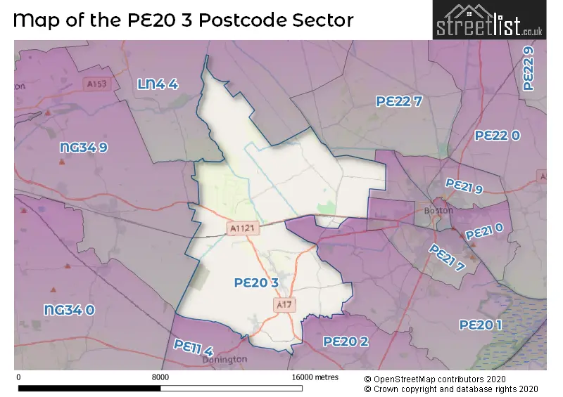 Map of the PE20 3 and surrounding postcode sector