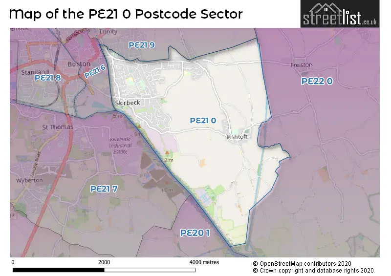 Map of the PE21 0 and surrounding postcode sector
