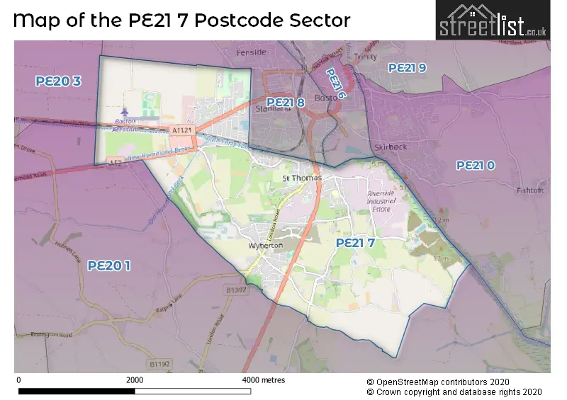 Map of the PE21 7 and surrounding postcode sector