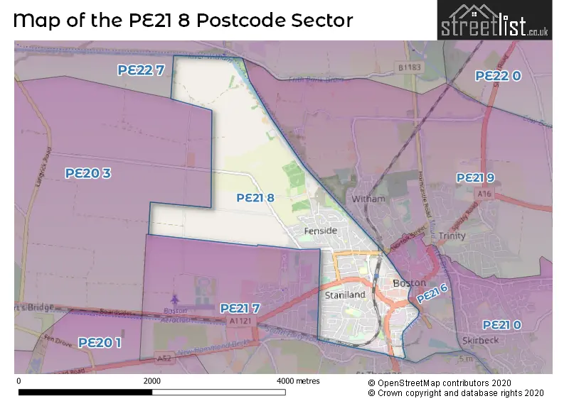 Map of the PE21 8 and surrounding postcode sector