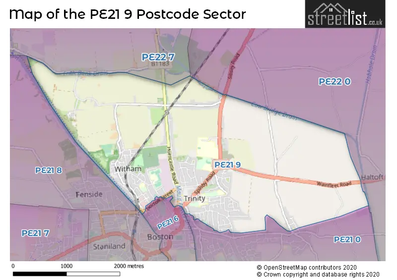 Map of the PE21 9 and surrounding postcode sector