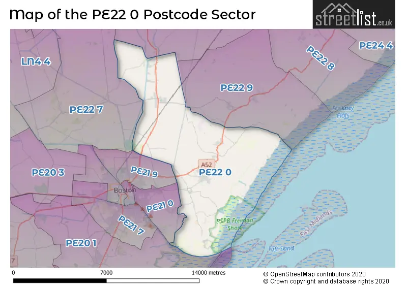 Map of the PE22 0 and surrounding postcode sector