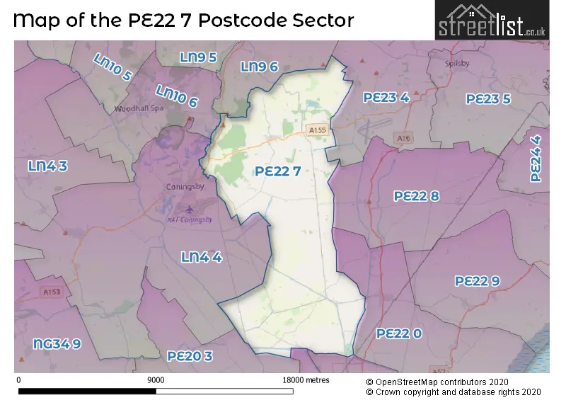 Map of the PE22 7 and surrounding postcode sector