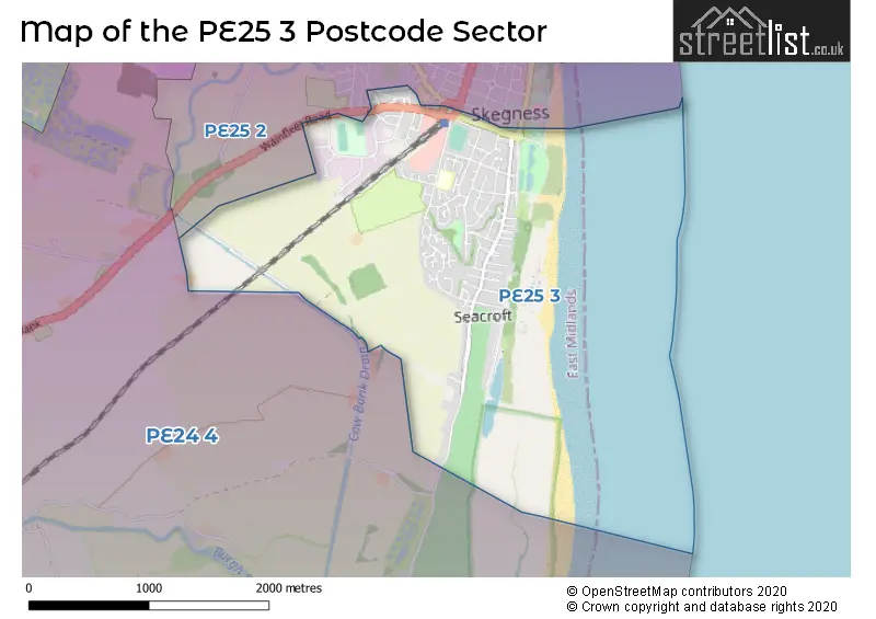 Map of the PE25 3 and surrounding postcode sector