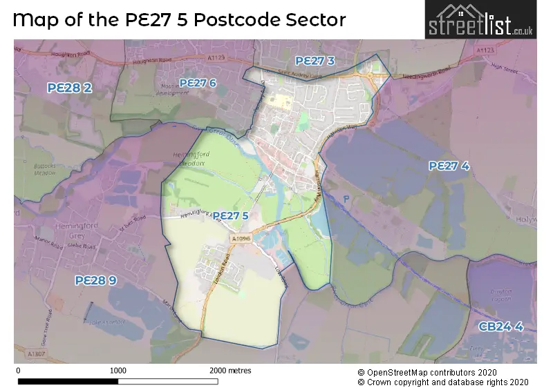 Map of the PE27 5 and surrounding postcode sector